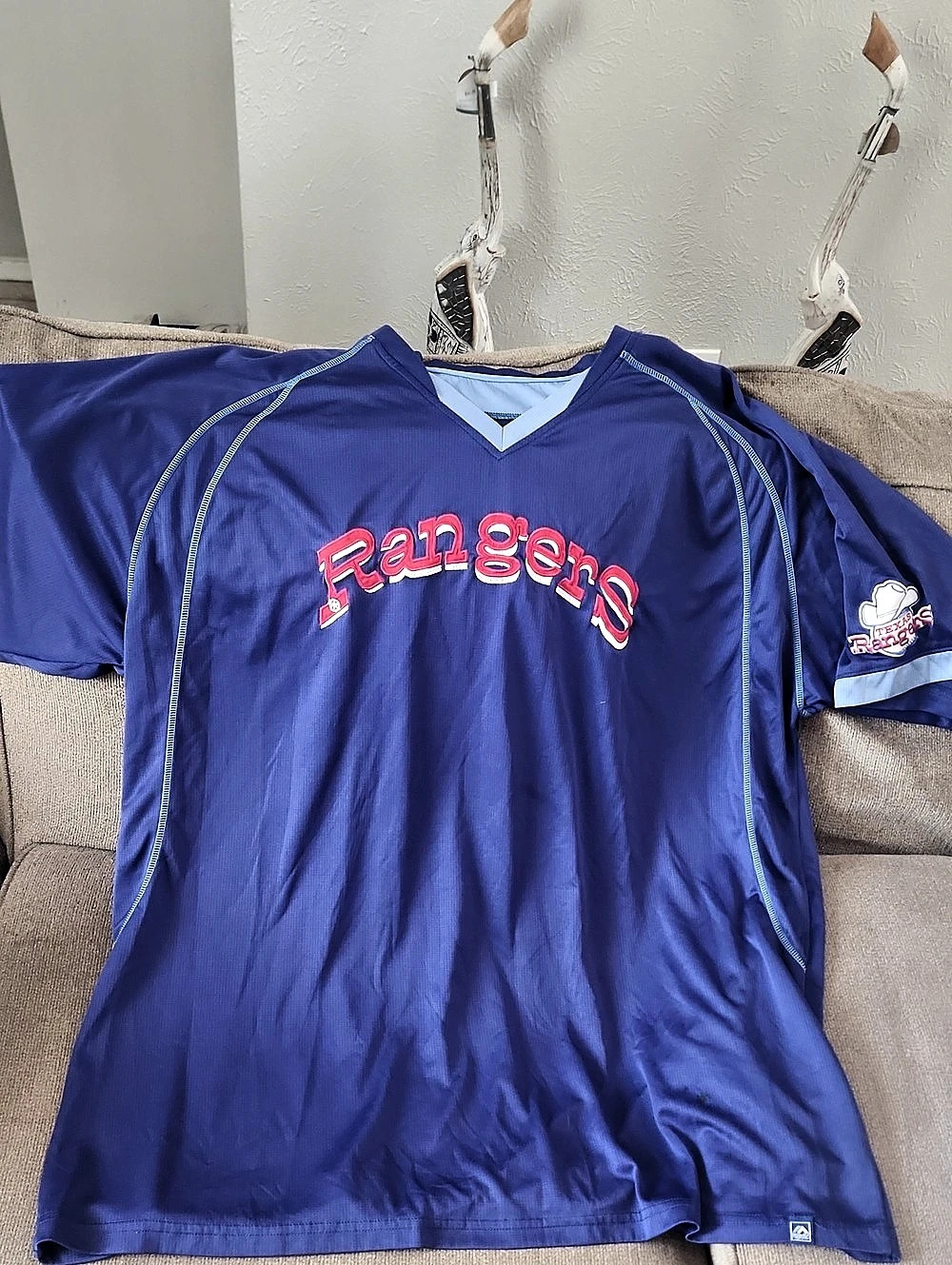 Majestic Texas Rangers Lead Hitter V-Neck Baseball Jersey Blue & Red